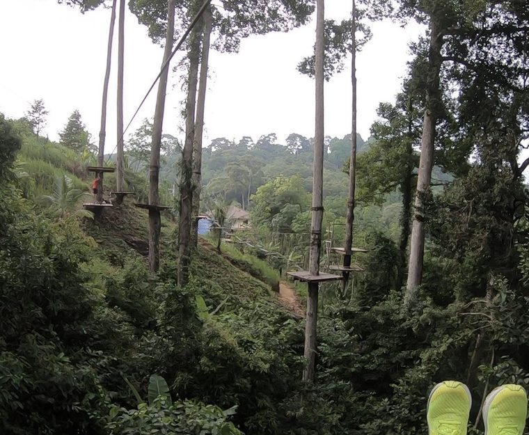 Zipline course with wooden platforms and steel cables through the jungle canopy, Koh Phangan